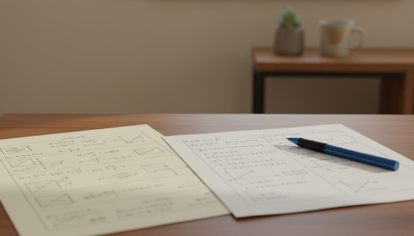 Photo Idea : Close-up of a printed mock paper and a neat two-column rough-work sheet with a pen
