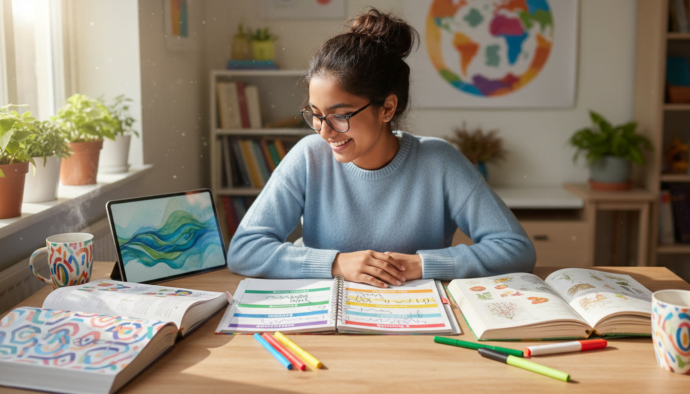 Photo Idea : Student at a desk with a color-coded subject planner and open textbooks