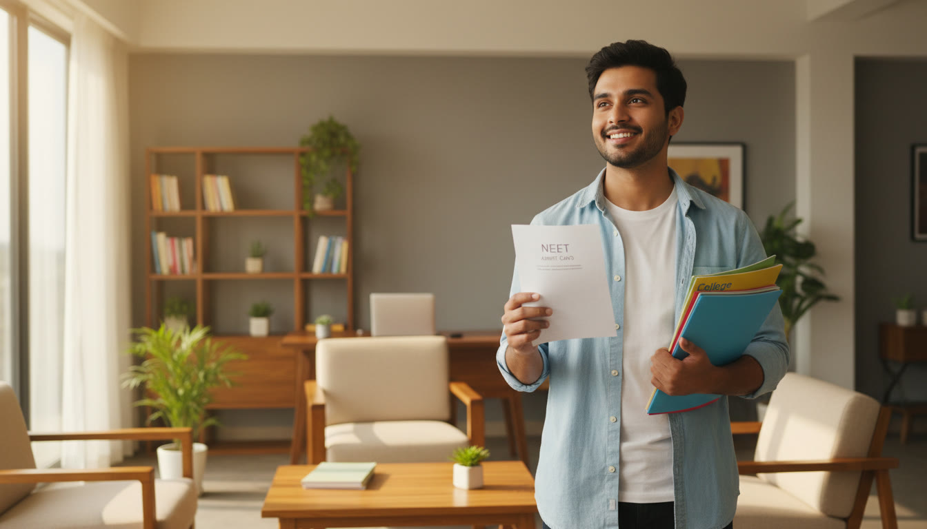 Photo Idea : A confident student holding a NEET admit card and a folder of college brochures, standing in bright natural light