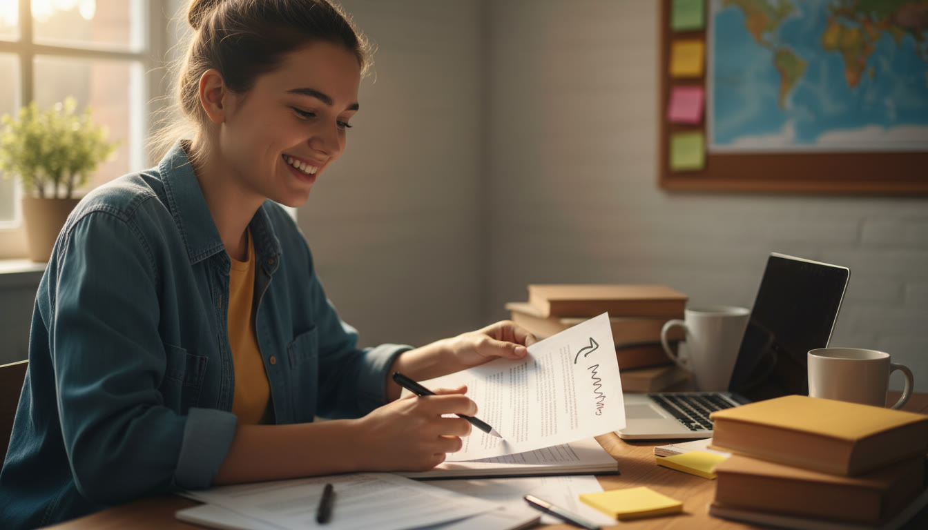 Photo Idea : A student at a cluttered desk, highlighting a printed draft and writing "So what?" in the margin