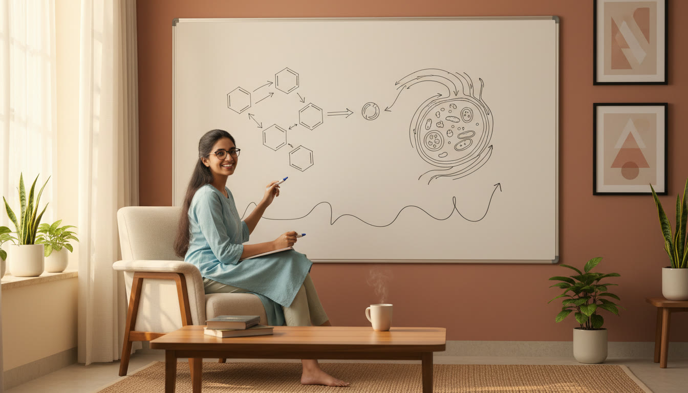 Photo Idea : A student sketching reaction mechanisms and drawing labeled biological diagrams on a whiteboard