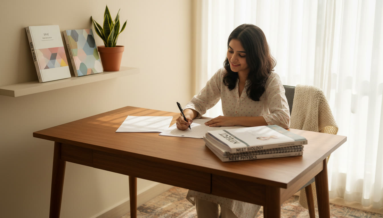 Photo Idea : Student marking answers on an OMR sheet with a calm study desk and mock test paper nearby