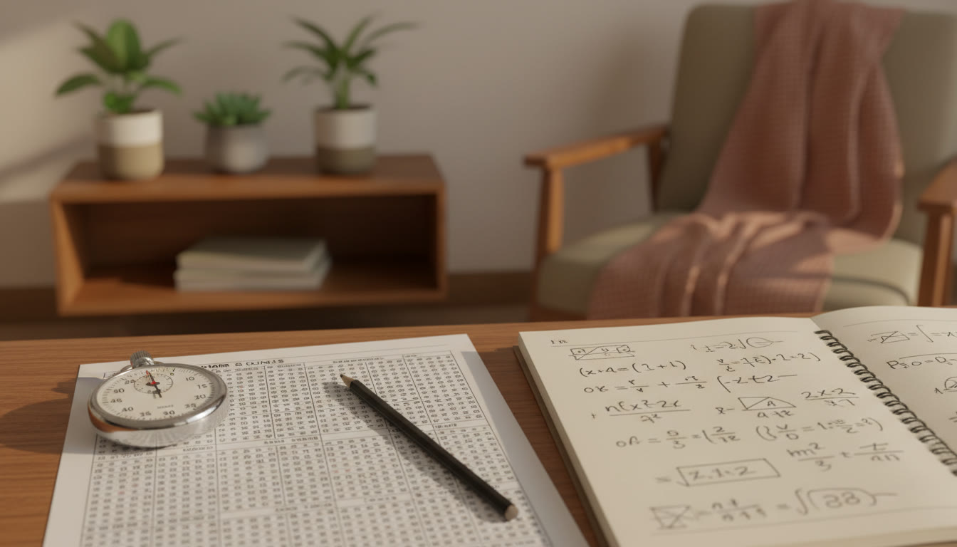 Photo Idea : A close-up of a filled OMR sheet with a pencil, a stopwatch, and a handwritten error log beside it.