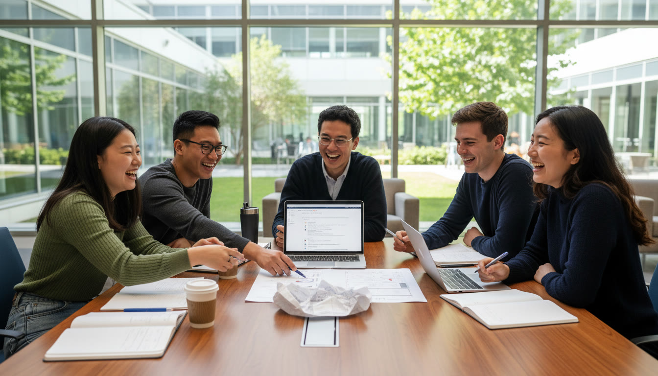 Photo Idea : A diverse group of IB students sitting around a table with notebooks and laptops, pointing at a subject-selection worksheet