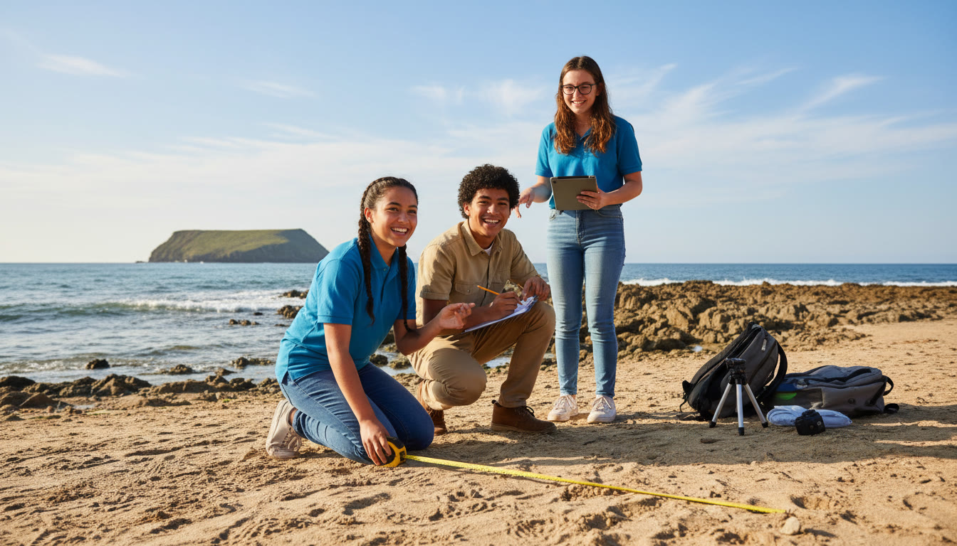 Photo Idea : Students conducting a small group field survey on a shoreline, recording measurements and working with clipboards