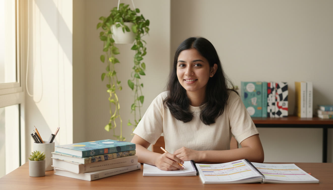 Photo Idea : Student at a desk with ISC textbooks, a notebook open, and a planner showing a study schedule