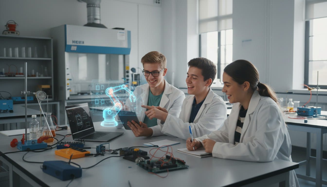 Photo Idea : A small group of IB students in a bright STEM lab examining a prototype on a laptop and taking notes