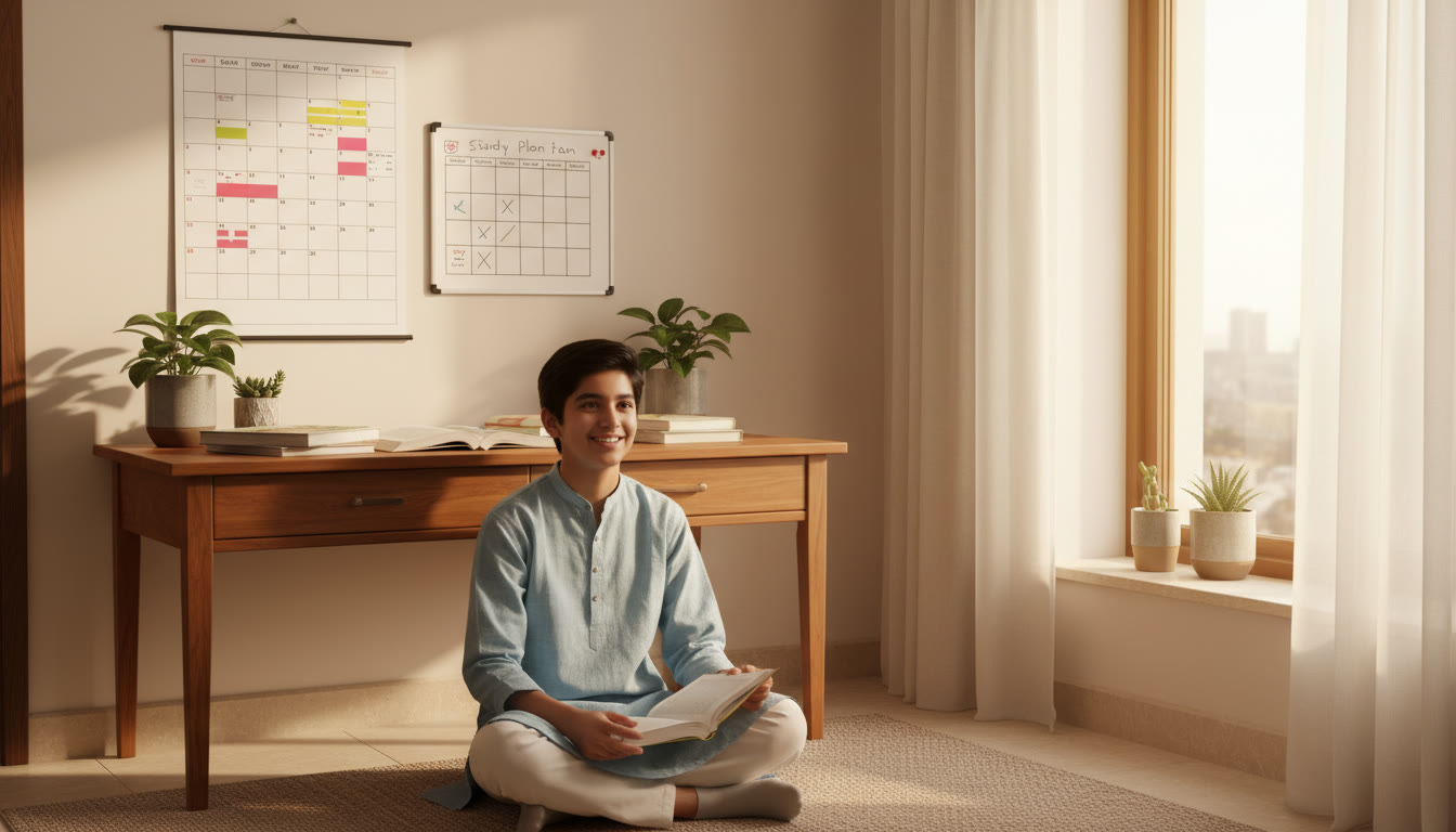 Photo Idea : A focused student at a desk with school textbooks, a calendar, and a small whiteboard showing a study plan