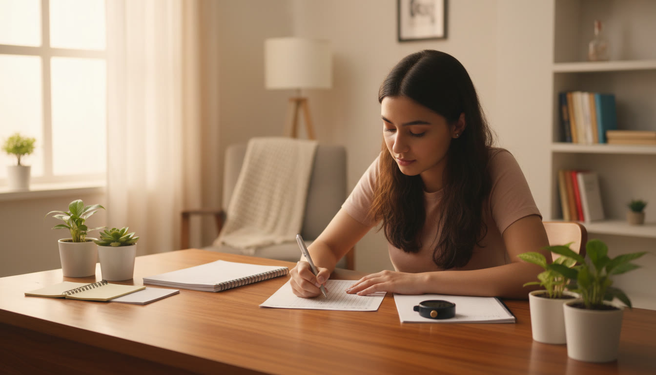 Photo Idea : A focused student filling an OMR sheet with a stopwatch, notes, and a copy of a mock question paper on the desk