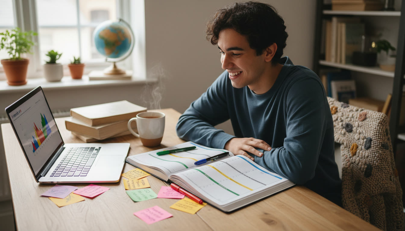 Photo Idea : Student at a desk with a color-coded planner, laptop, sticky notes, and a warm cup of tea