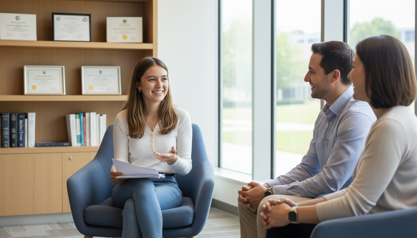Photo Idea : A student speaking confidently in an admissions-style interview, holding notes while maintaining eye contact