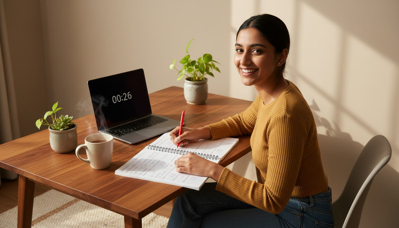Photo Idea : A student marking answers in a mock test booklet with a bright red pen and a cup of tea beside a laptop showing a timer