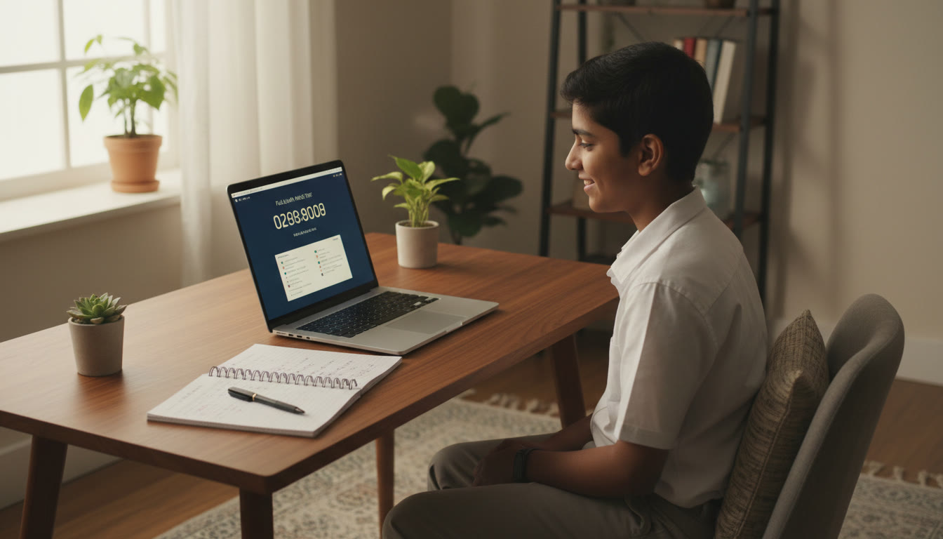 Photo Idea : A student taking a timed full-length mock on a laptop, with a countdown timer on the screen and a neat error log notebook beside it