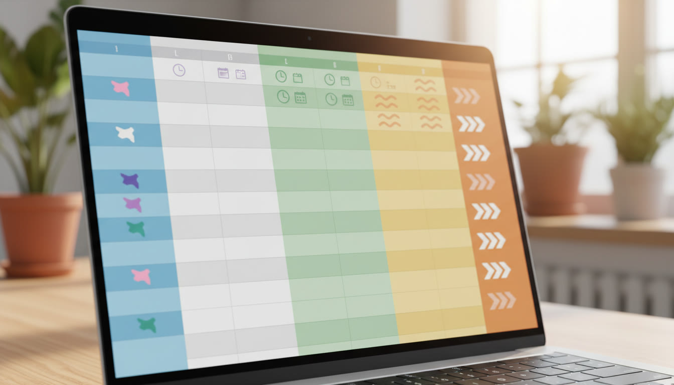 Photo Idea : Close-up of a laptop screen showing a colorful spreadsheet with country columns and deadlines