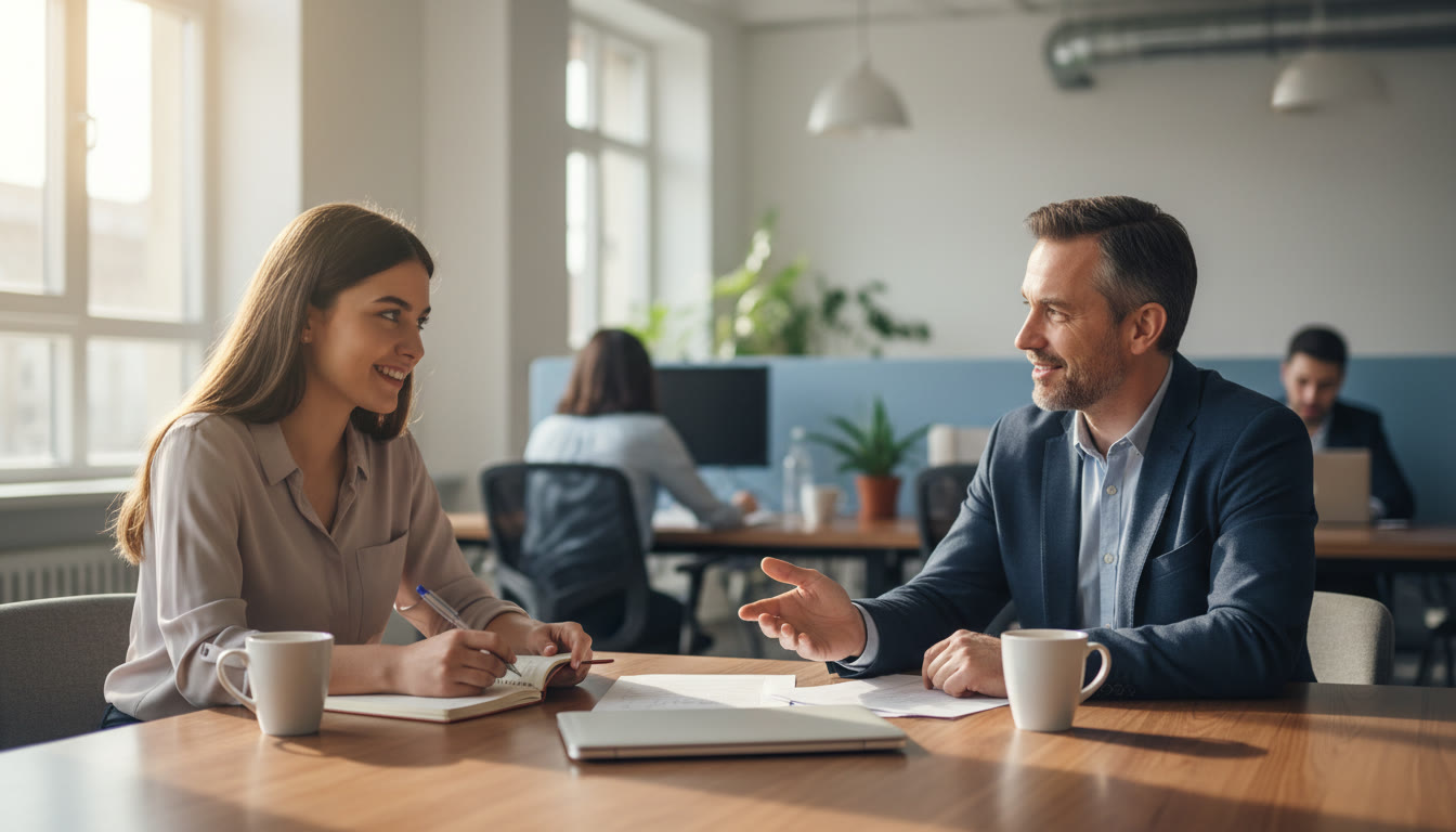 Photo Idea : A focused student taking notes during a workplace conversation with a mentor
