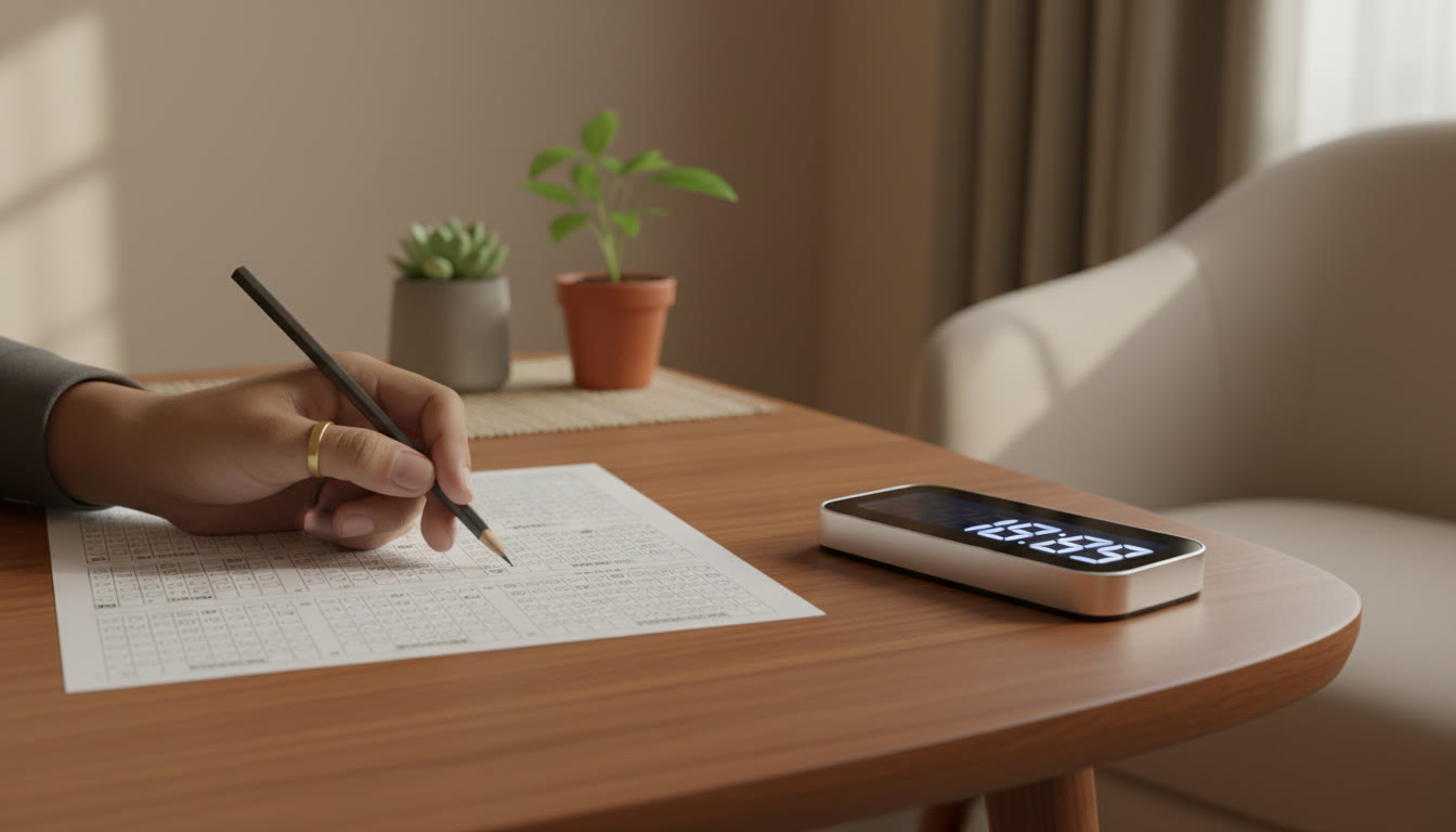 Photo Idea : Close-up of a hand shading answers on an OMR sheet with a pencil and a digital timer nearby