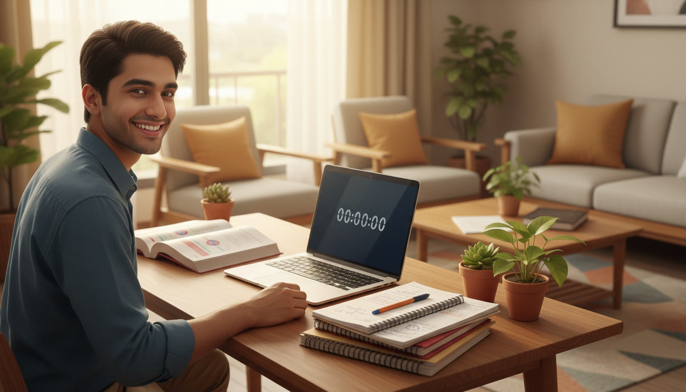 Photo Idea : Student at a tidy desk with open textbooks, a laptop showing a countdown timer, and neatly arranged handwritten notes
