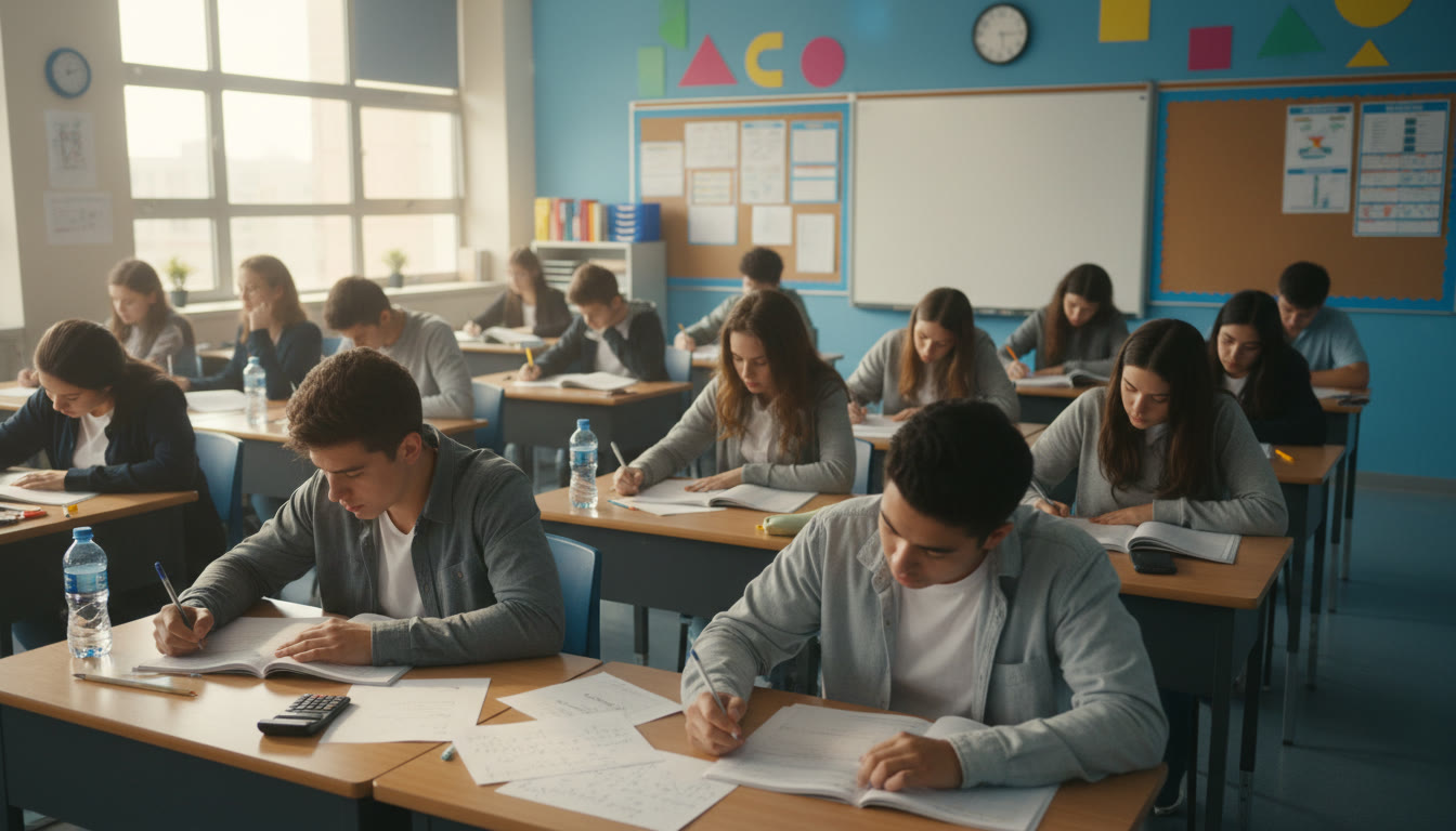 Photo Idea : Students taking a mock exam in a quiet classroom, focused faces, scattered papers