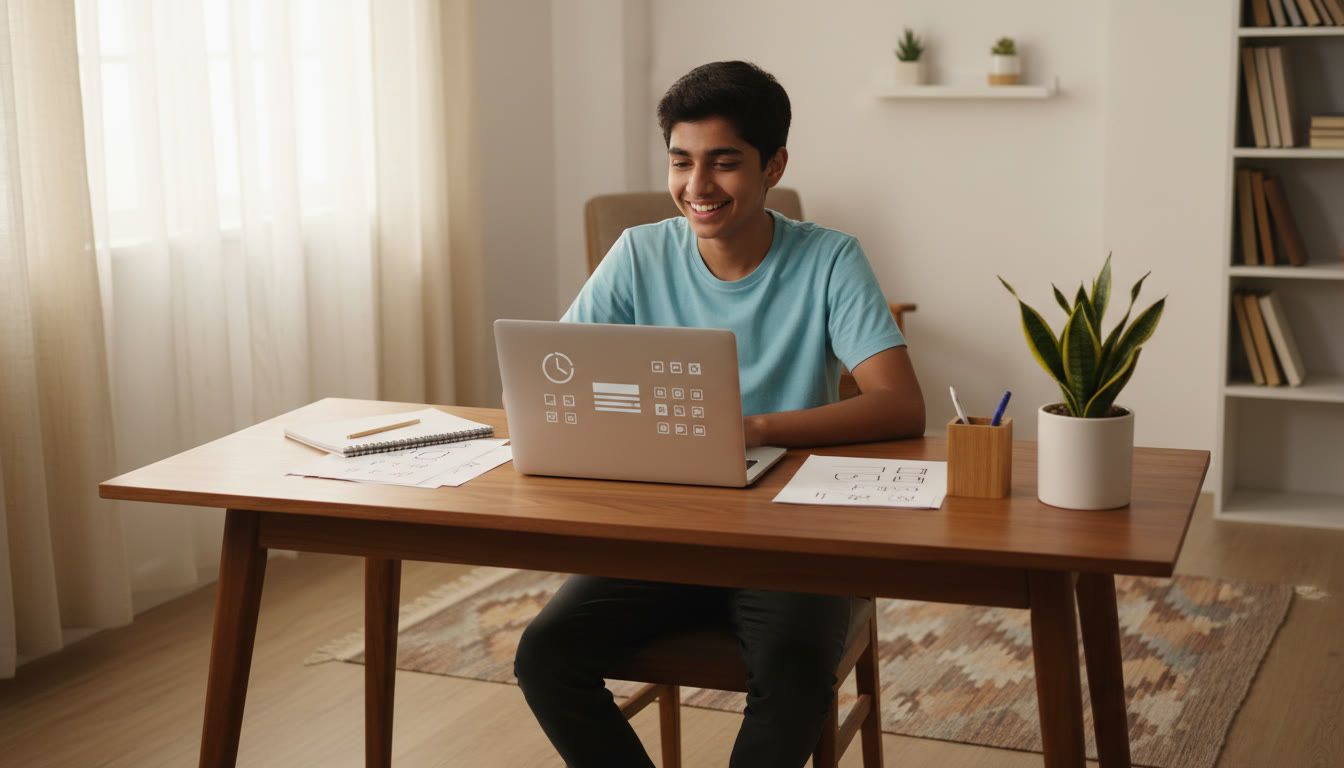 Photo Idea : Student at a desk taking a full-length mock test on a laptop with timer and notes visible.