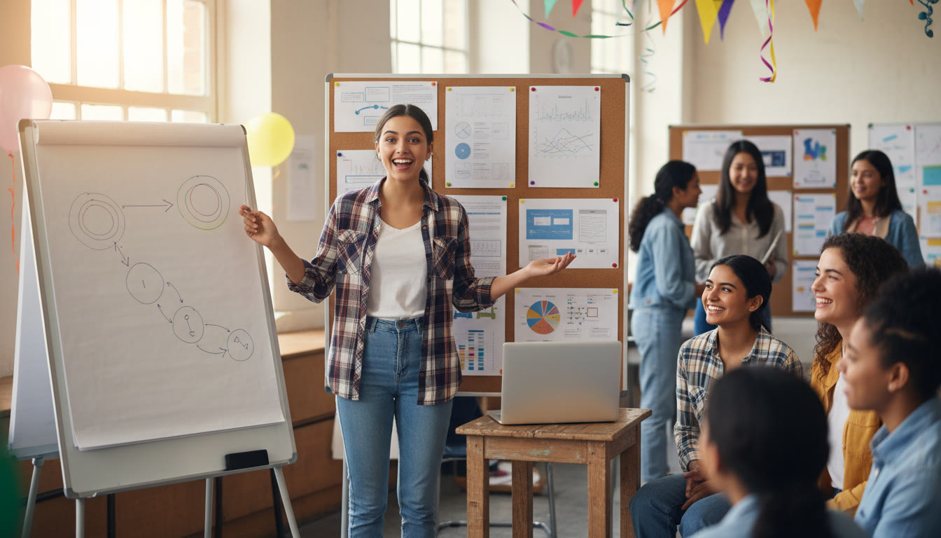 Photo Idea : a student presenting a poster at a small school showcase, with a laptop and printed charts on the board