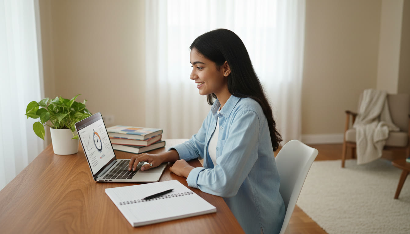 Photo Idea : Student at a desk taking a timed mock on a laptop with a visible stopwatch and notebook for quick notes
