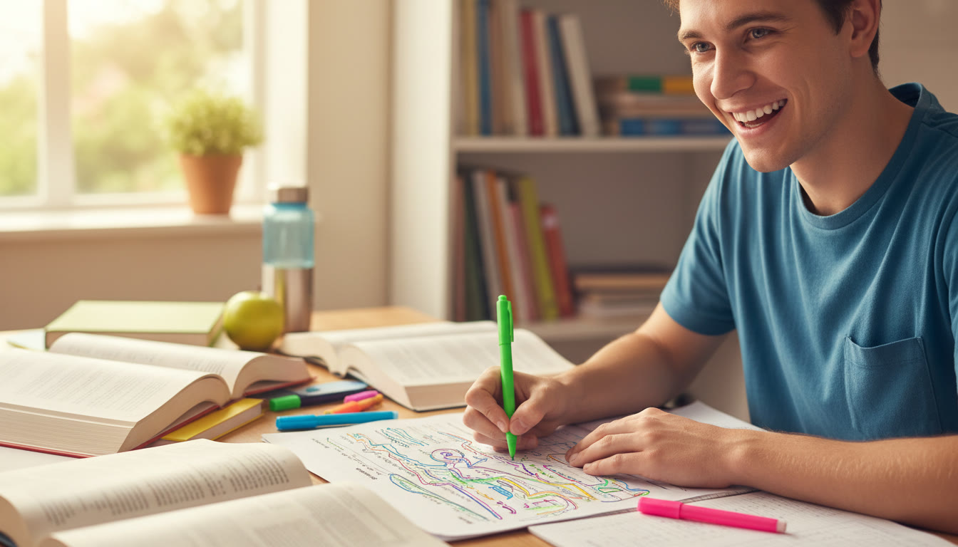 Photo Idea : Student highlighting a printed IB markscheme and underlining keywords with colored pens