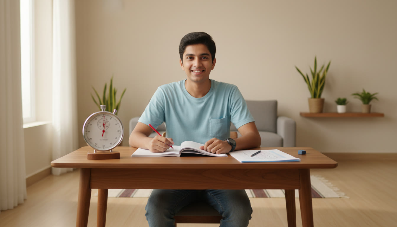 Photo Idea : A student taking a full-length mock test in a quiet hall with a stopwatch and an OMR sheet.