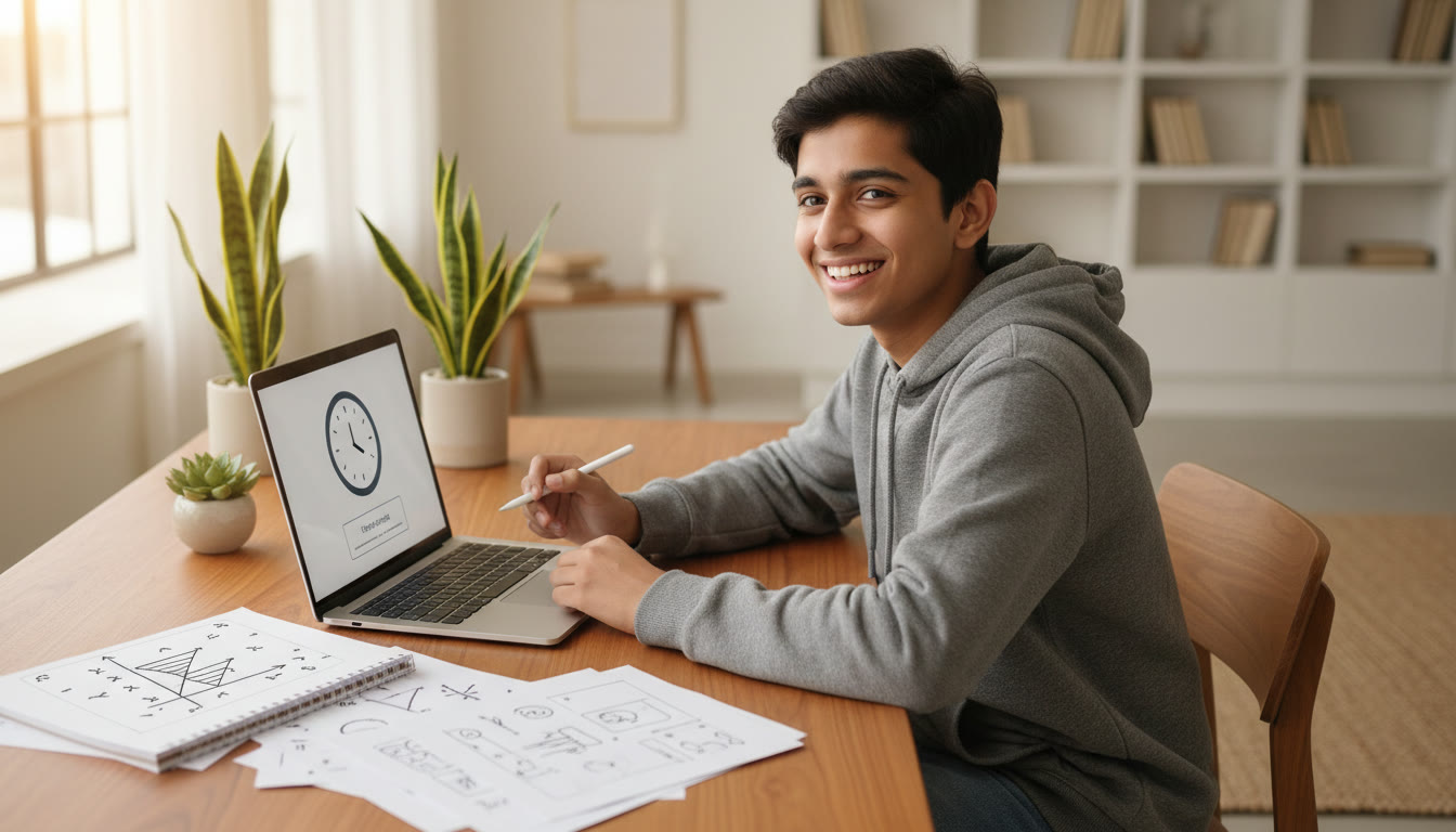 Photo Idea : Student seated at a desk taking an online mock test with a visible timer and neatly organized notes
