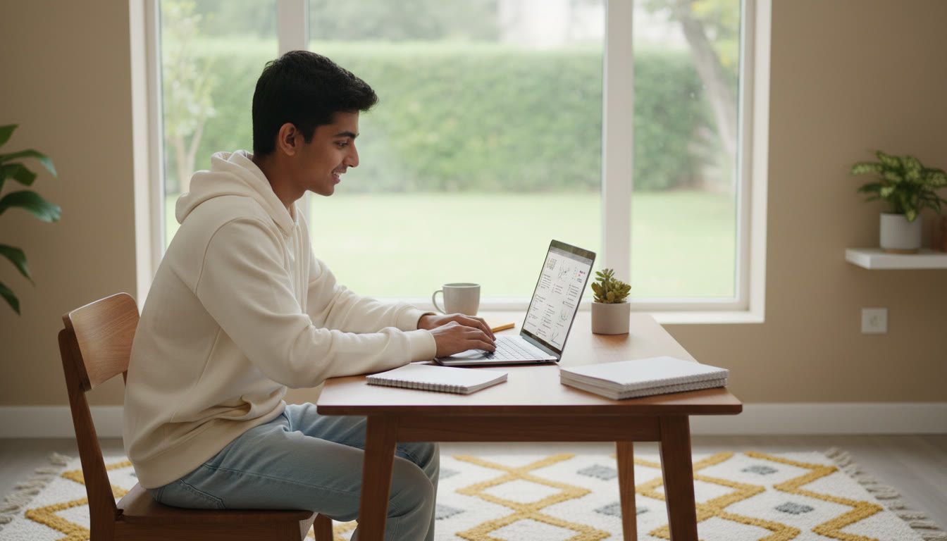 Photo Idea : Focused student taking a full-length mock test on a laptop in a calm study space