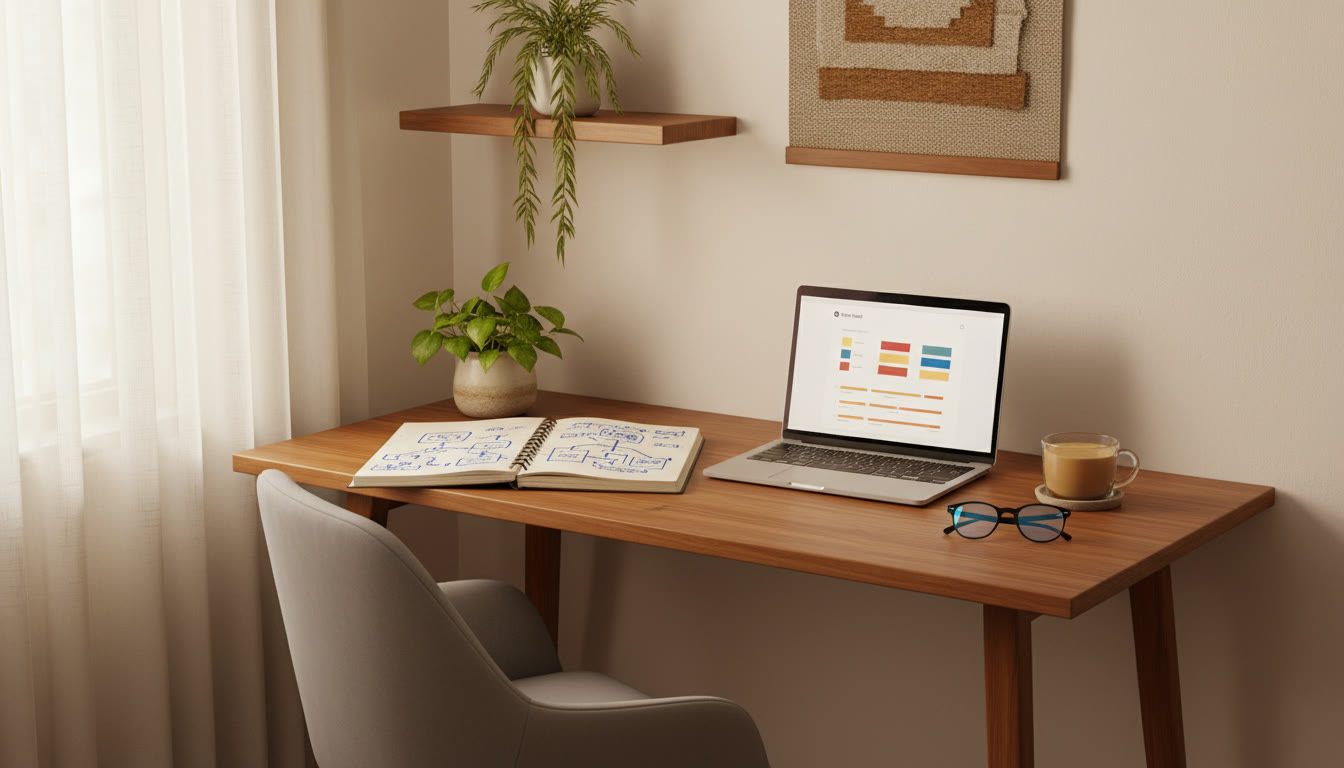 Photo Idea : a small desk setup showing a notebook open to a handwritten error-log beside a laptop displaying a timed mock test