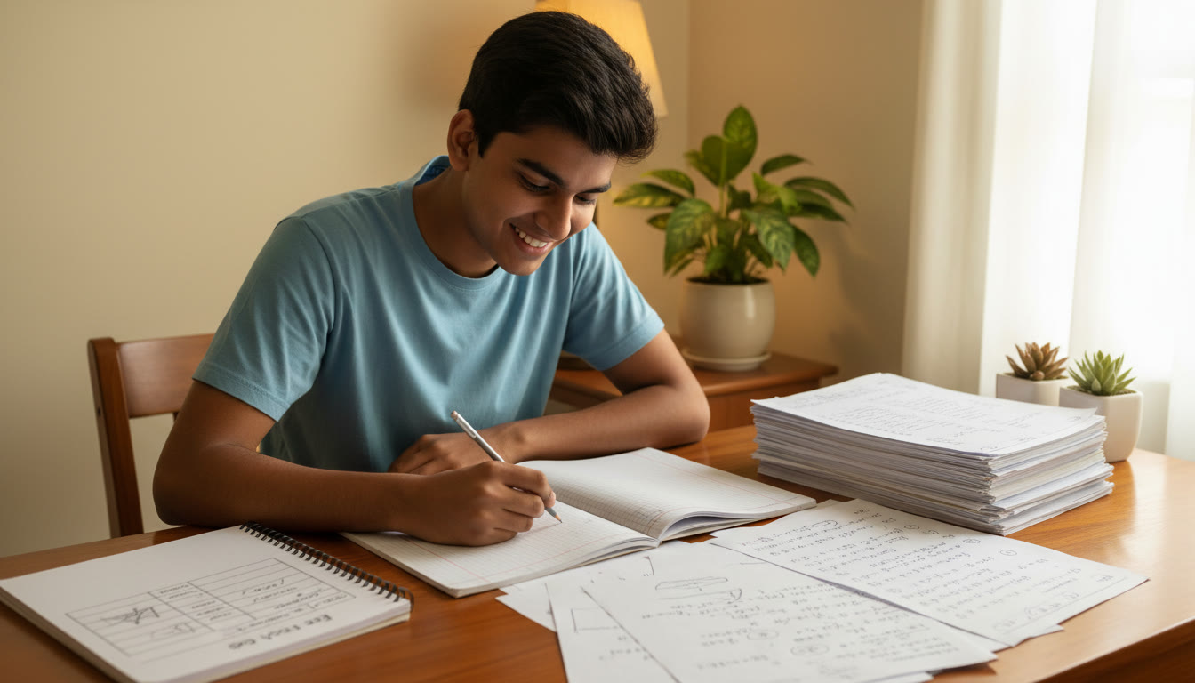Photo Idea : A focused student at a study desk surrounded by solved test papers and a neat error log notebook.
