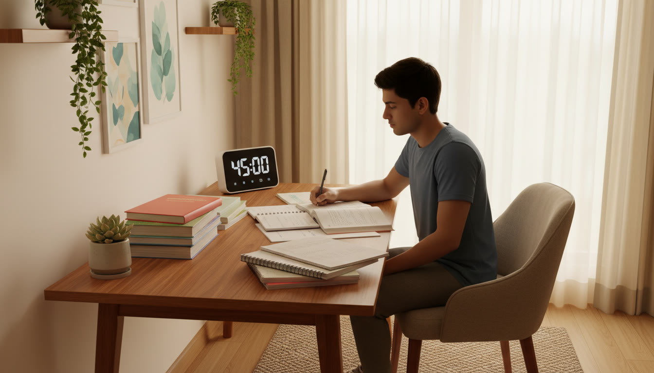 Photo Idea : A focused student at a tidy study desk with textbooks, notes, and a timer showing a study interval