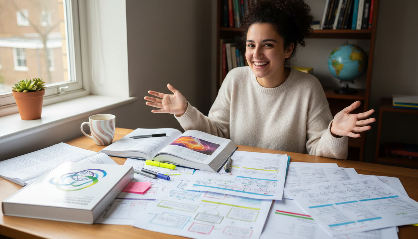 Photo Idea : Student with IB textbooks and color-coded notes spread across a desk
