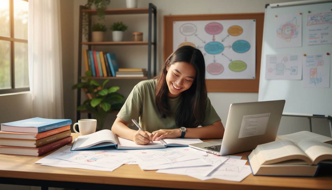 Photo Idea : student at a desk surrounded by notebooks, charts and a laptop, writing a conclusion paragraph