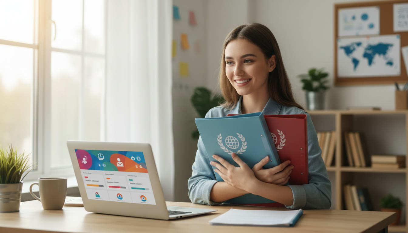 Photo Idea : A focused student with IB folders and a laptop displaying university application forms