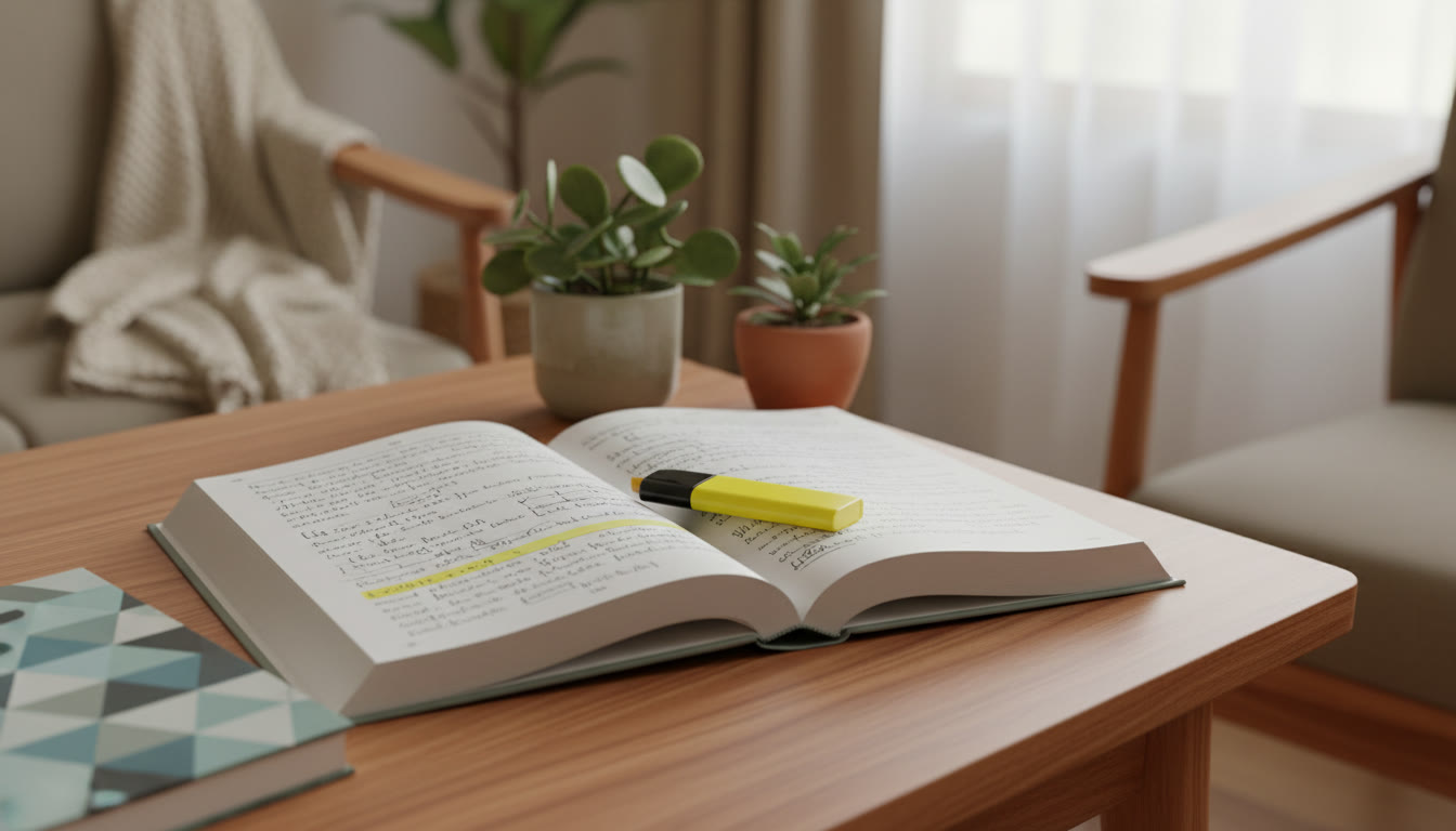 Photo Idea : Close-up of an open textbook with handwritten revision notes and a highlighter