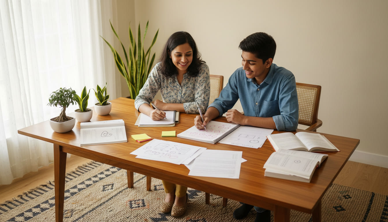 Photo Idea : A student reviewing a marked mock test with a tutor, notes spread around