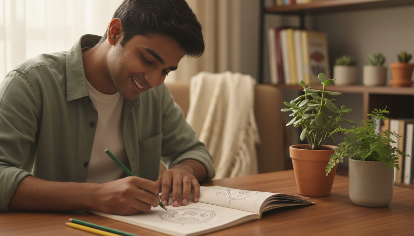 Photo Idea : Close-up of a student sketching a labeled biology diagram with colored pencils