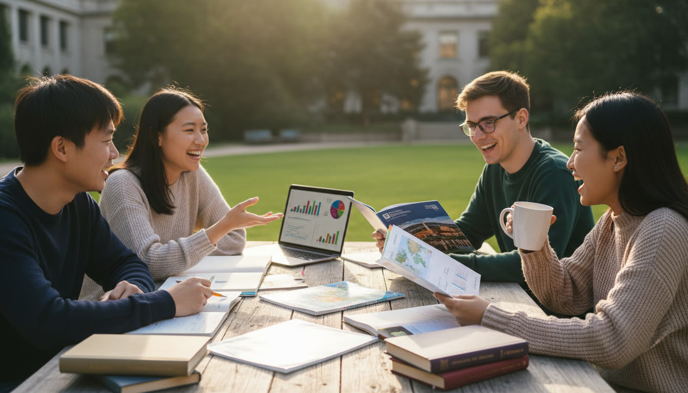Photo Idea : A small group of diverse students sitting around a table with laptops and notebooks, discussing subject choices and university brochures