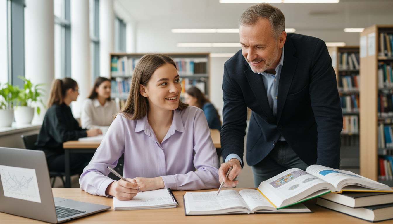 Photo Idea : A focused student at a desk with a notebook, laptop, and open textbooks, mid-writing while a supervisor points at a paragraph