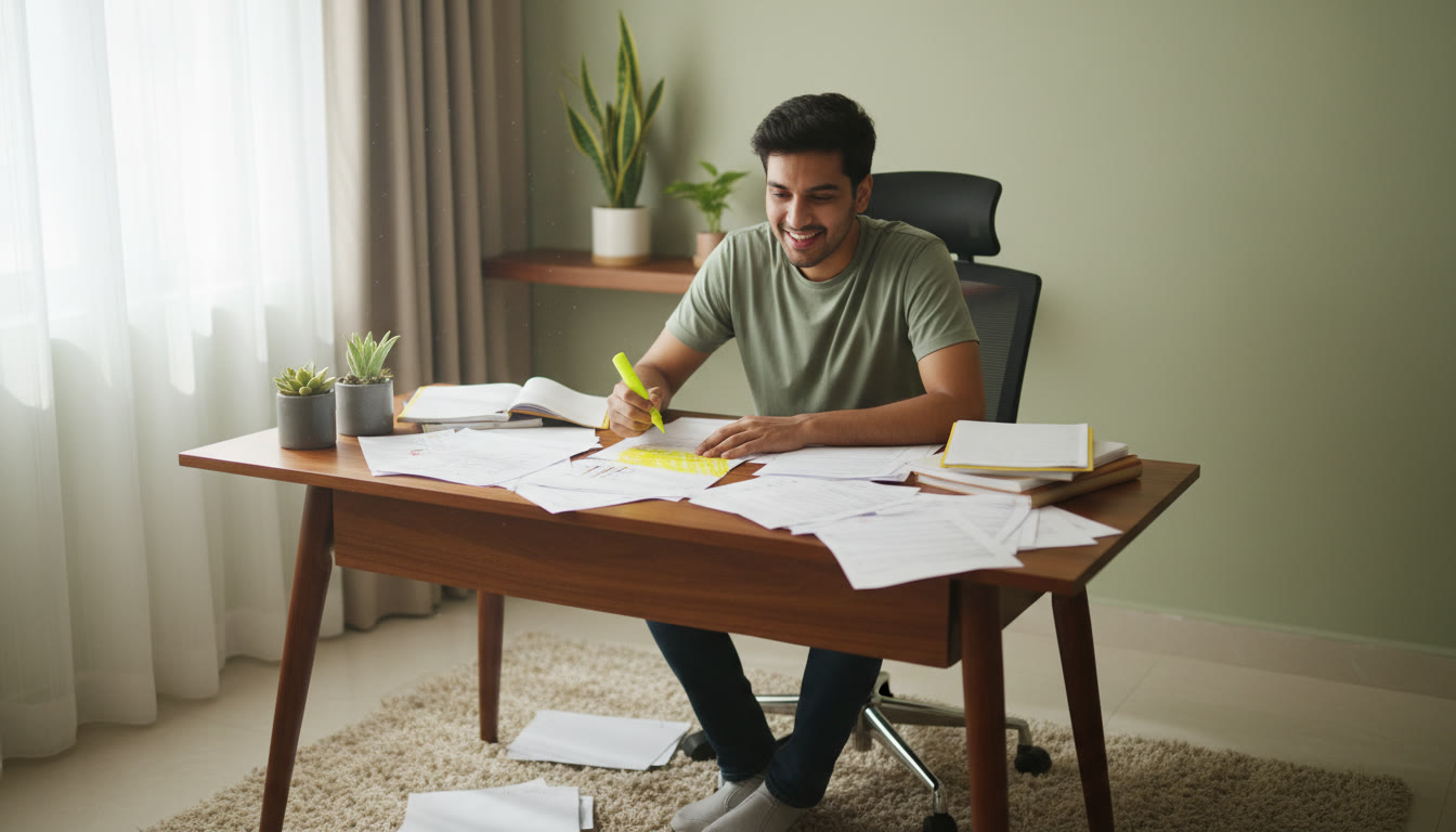 Photo Idea : Student at a desk surrounded by mock test sheets, marking errors with a highlighter