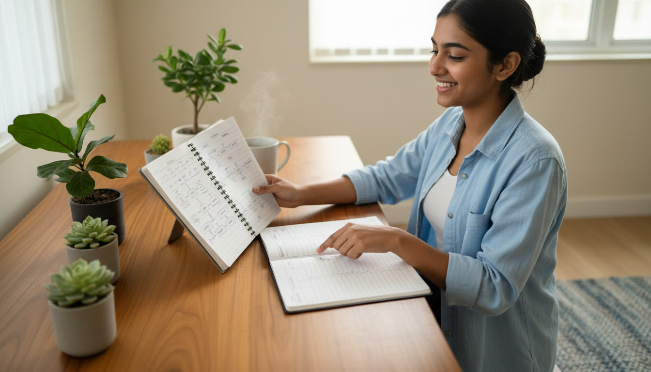 Photo Idea : A focused student at a desk cross-referencing neat handwritten ICSE notes with a checklist titled "NEET essentials"
