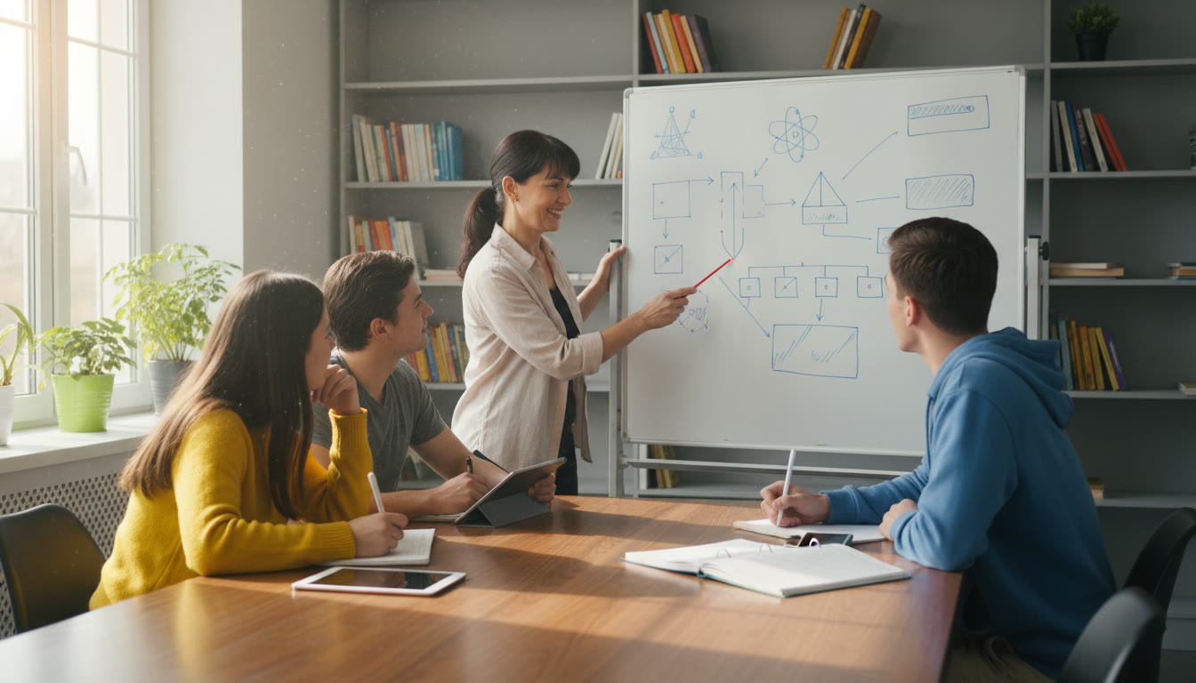 Photo Idea : Small group tutorial with a tutor pointing at a whiteboard full of diagrams while students take notes