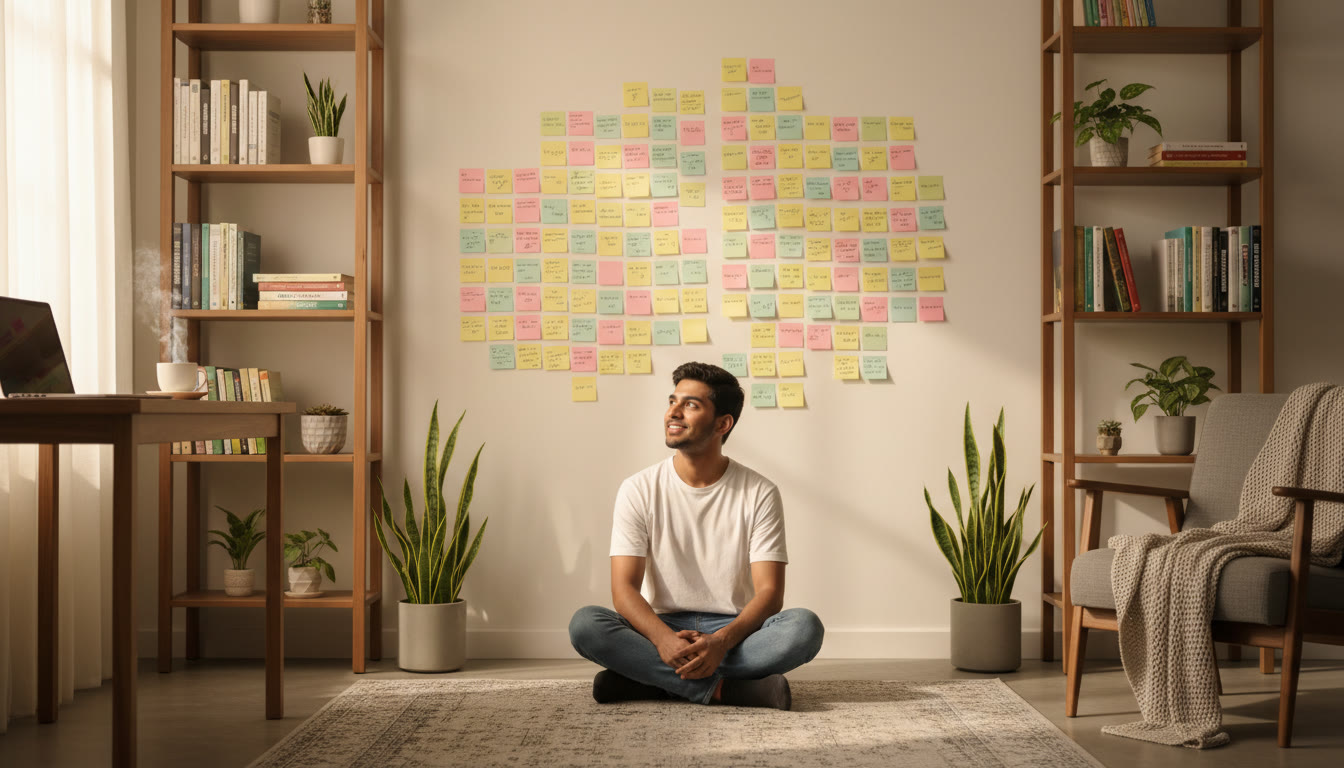 Photo Idea : A recent MBBS graduate looking thoughtfully at a wall of specialty names written on sticky notes