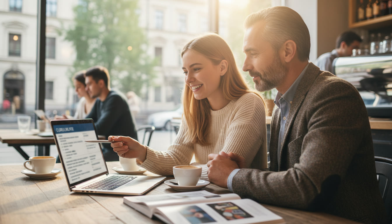 Photo Idea : A student and mentor reviewing a CV together on a laptop at a coffee table