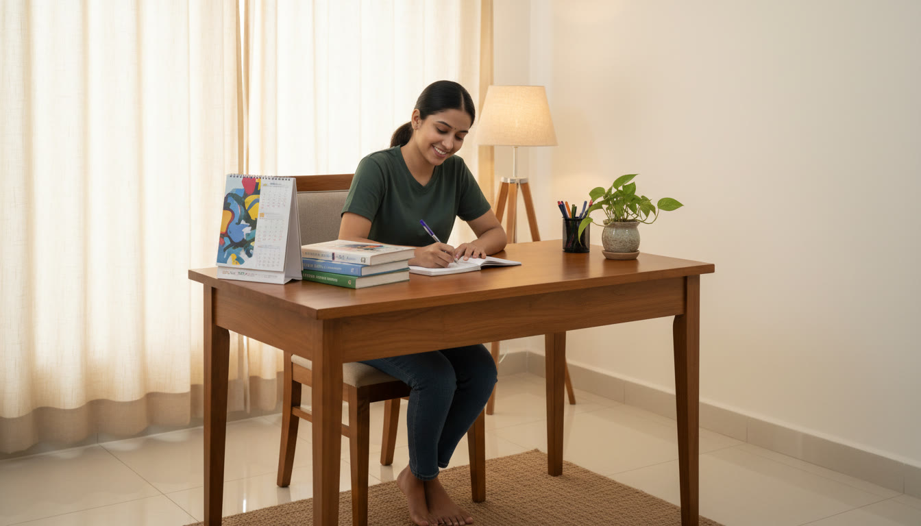 Photo Idea : Student writing in a planner with textbooks and a calendar on a tidy desk