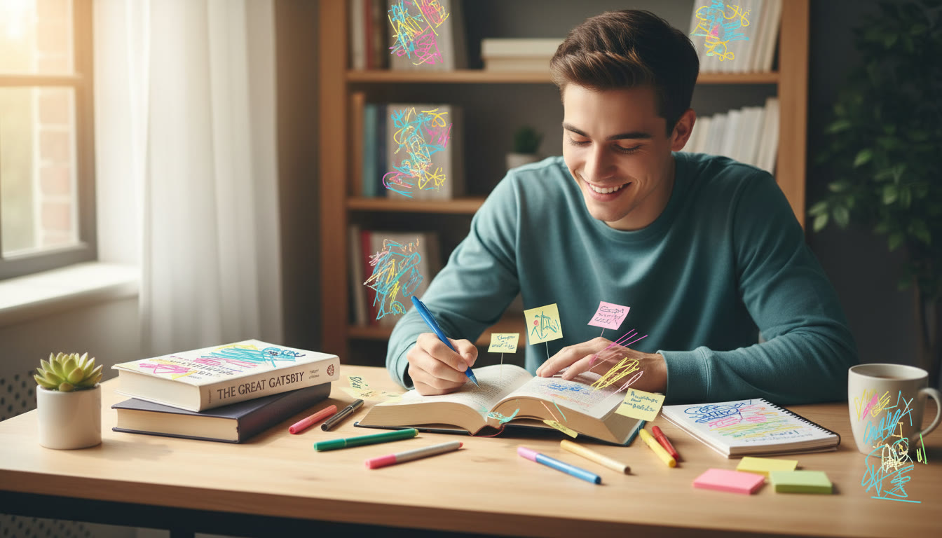 Photo Idea : Student annotating a copy of a novel with colored pens and sticky notes on a tidy desk
