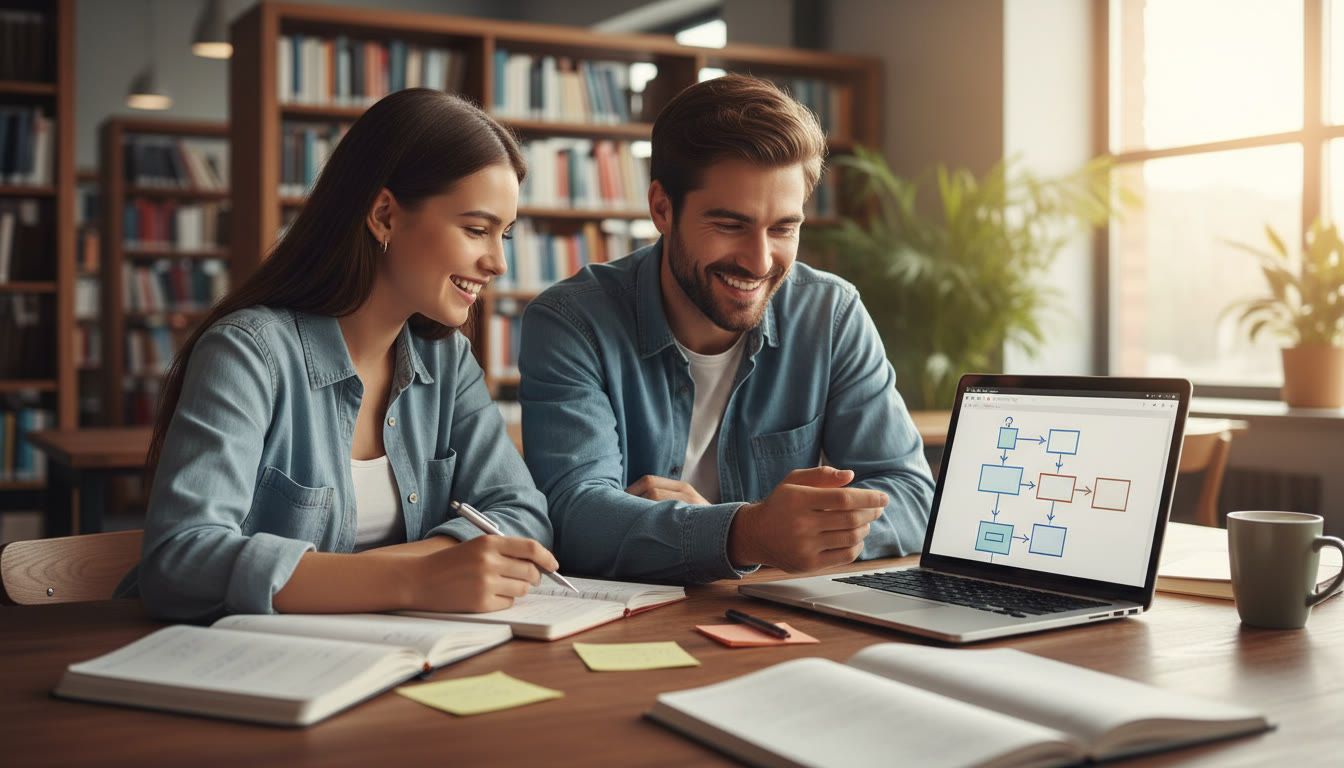 Photo Idea : A student and teacher sitting at a wooden table, reviewing notes and a laptop screen showing an application draft