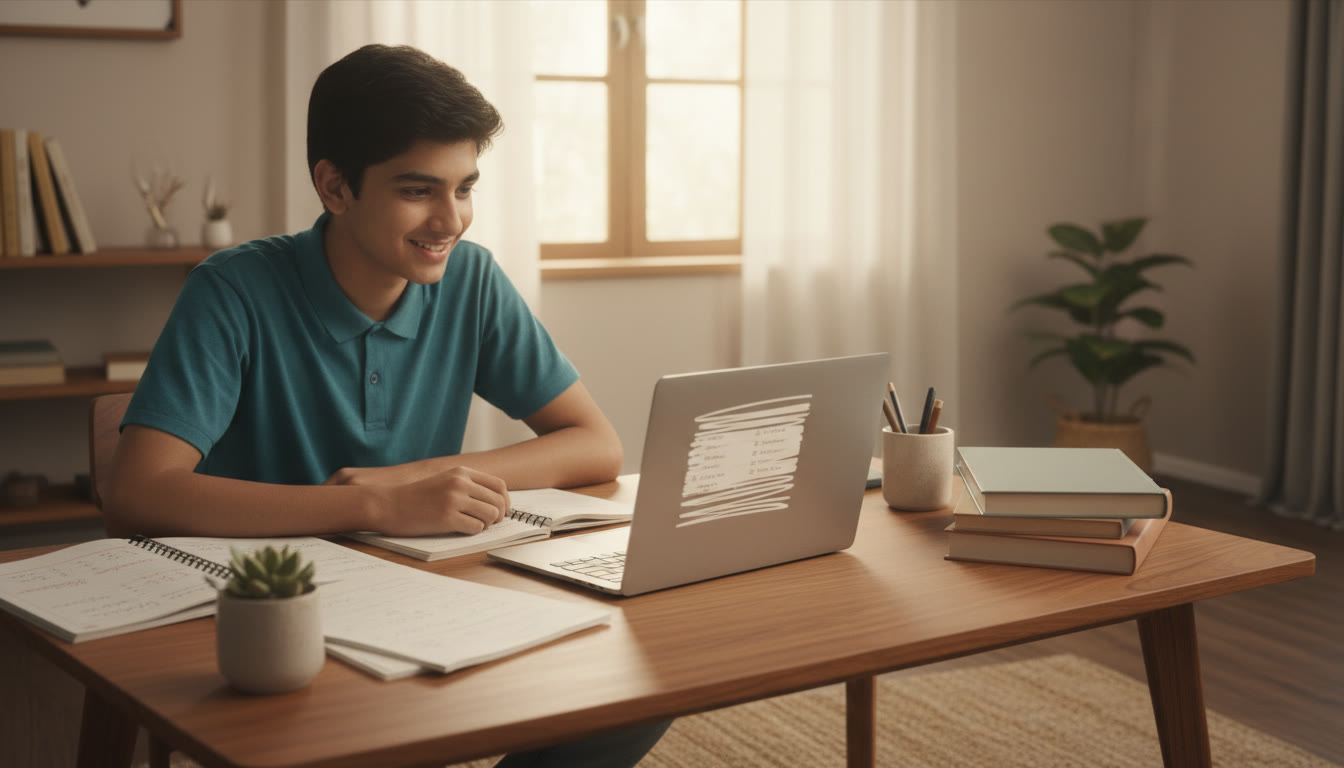 Photo Idea : A focused student at a study table with open notebooks, a laptop showing a practice test, and a neat stack of science books.