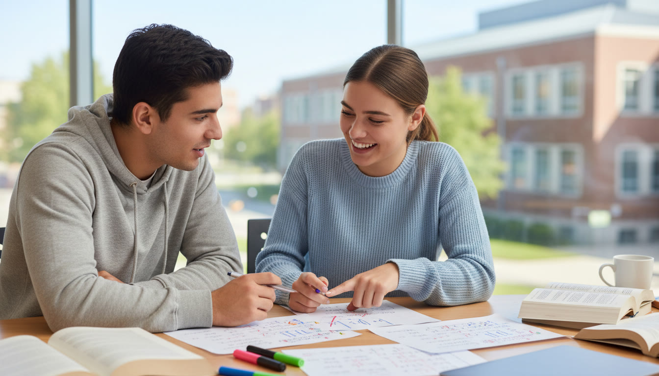 Photo Idea : Two students discussing annotated problem sheets across a table, one pointing to corrections while the other listens